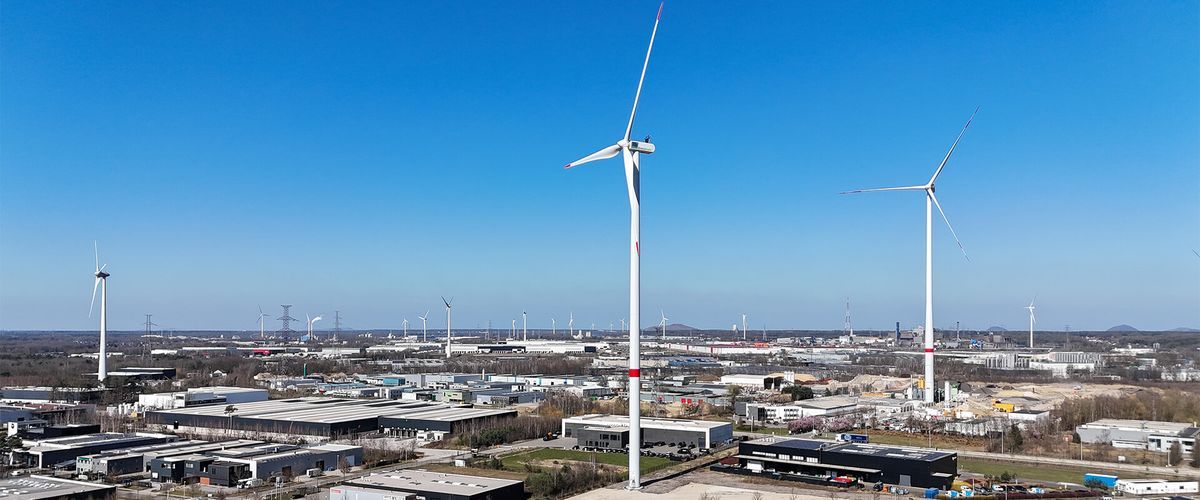 Windturbines in het landschap bij Genk